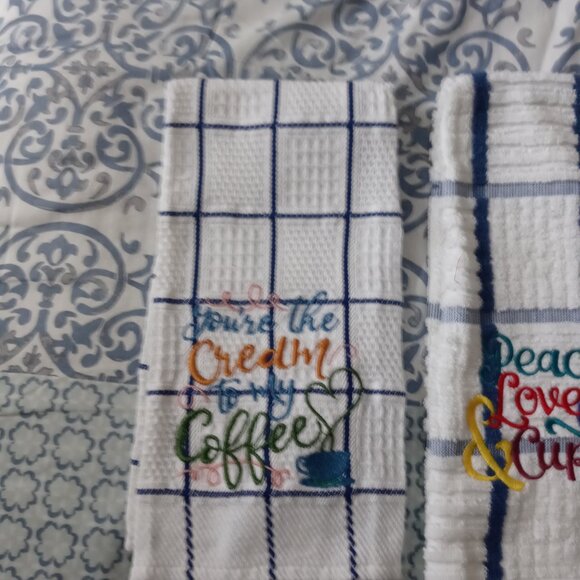 Kitchen Towels 3 White/Blue Stripes Waffle Fabric Embroidered Multicolor Quotes - Picture 2 of 5